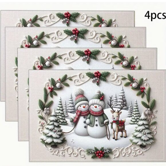 Other - 4pc Linen Placemats Christmas Snowmen Family 12.6"X16.54"